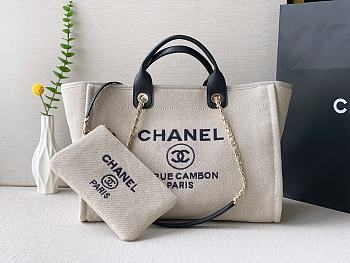 Chanel 22S Small Deauville Tote Mixed Fibers Deauville Tote Beige Black and Gold Hardware 39cm