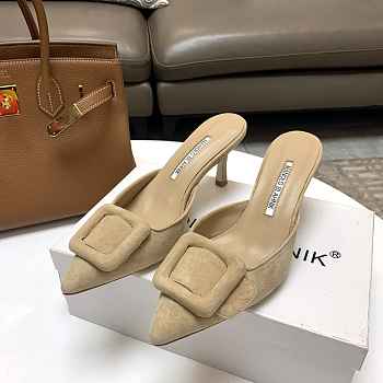 Manolo Blahnik Maysale Buckle Suede Mules in Beige 7.5cm