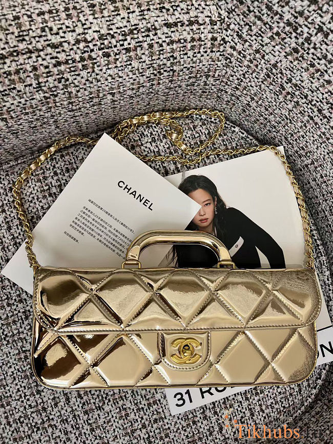 Large flap bag with handle Mirrored Calfskin & Gold Metallic  Pale gold 12x29x5cm - 1