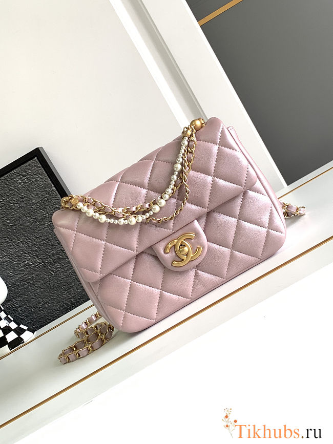 Chanel Mini Square Pearl Flap Bag Light Pink Iridescent Lambskin Brushed Gold Hardware size 18cm - 1