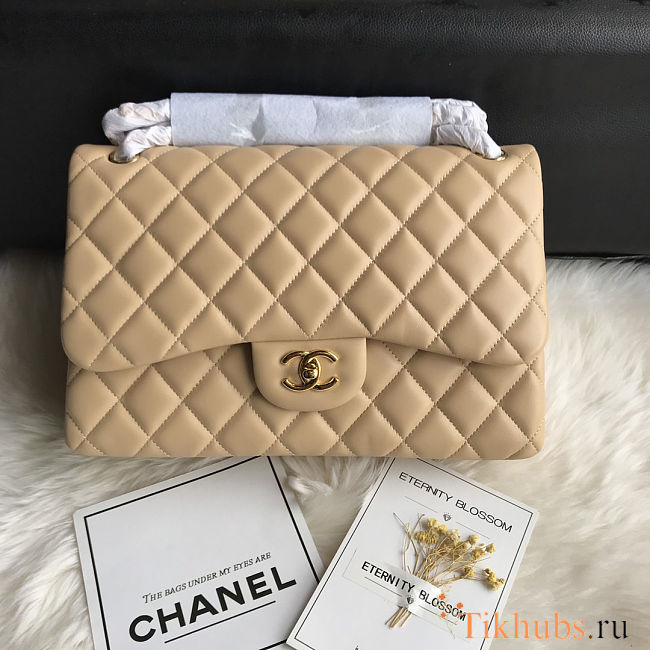 Chanel Classic Double Flap bag in beige caviar leather 30cm - 1