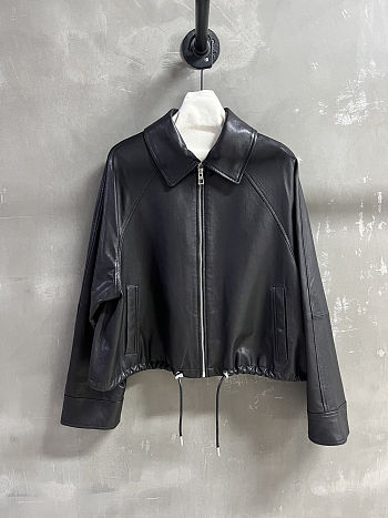Loewe black leather bomber jacket with a drawstring hem