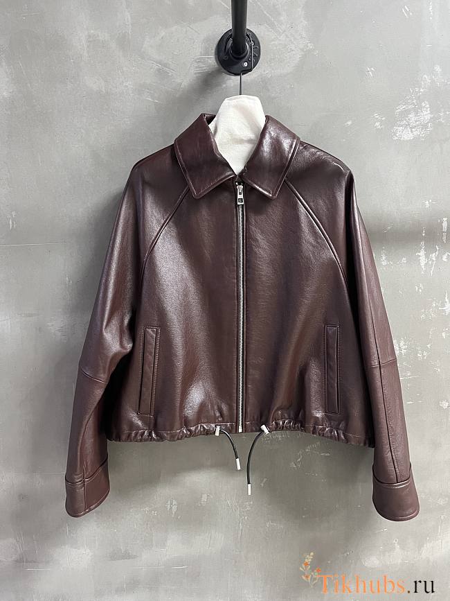 Loewe brown leather bomber jacket with a drawstring hem - 1
