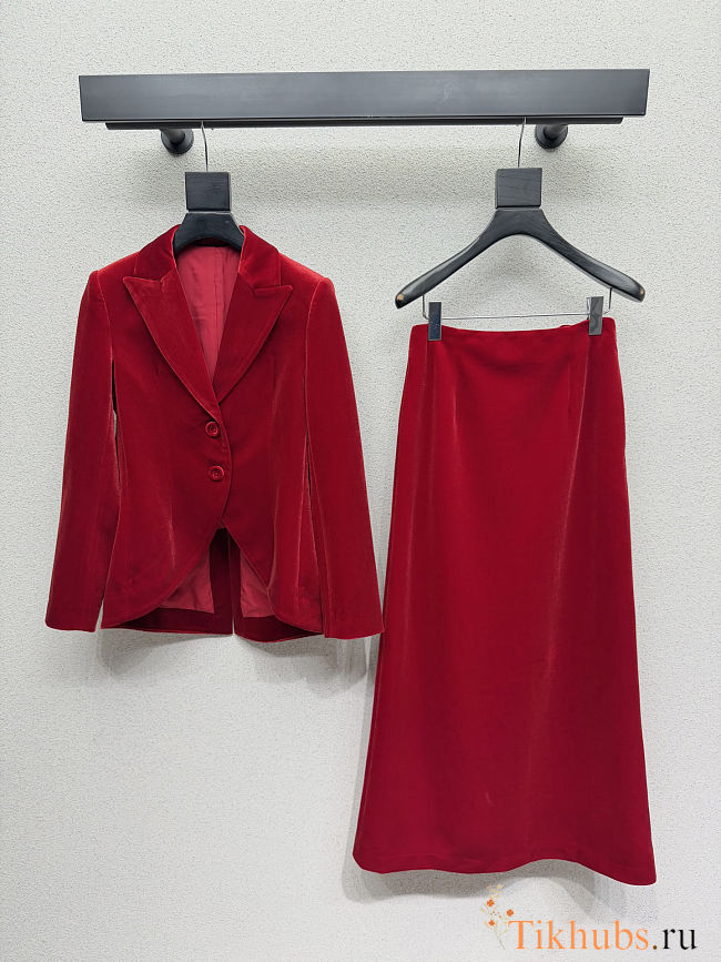 Dior red velvet women's skirt suit - 1