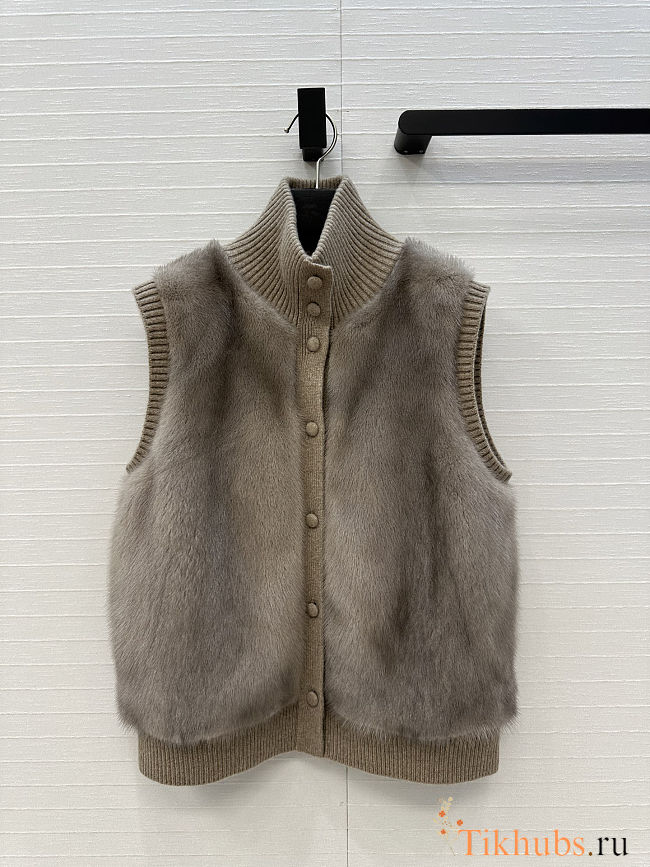 LP style brown fur vest with a ribbed knit turtleneck  - 1