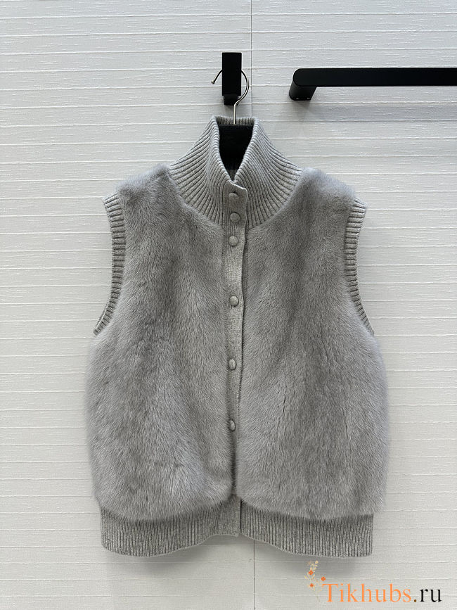 LP style gray fur vest with a ribbed knit turtleneck - 1