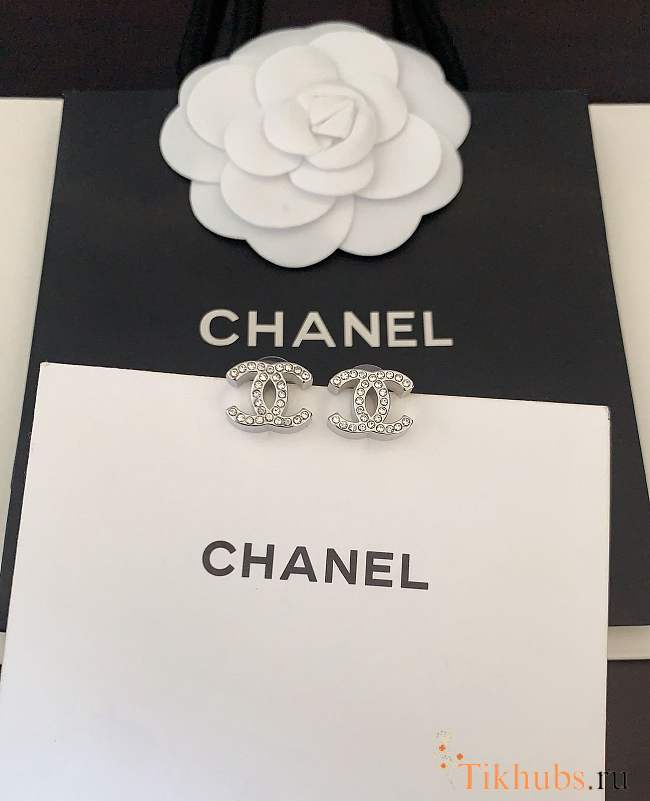 Chanel CC Earrings Silver Rhinestone  - 1