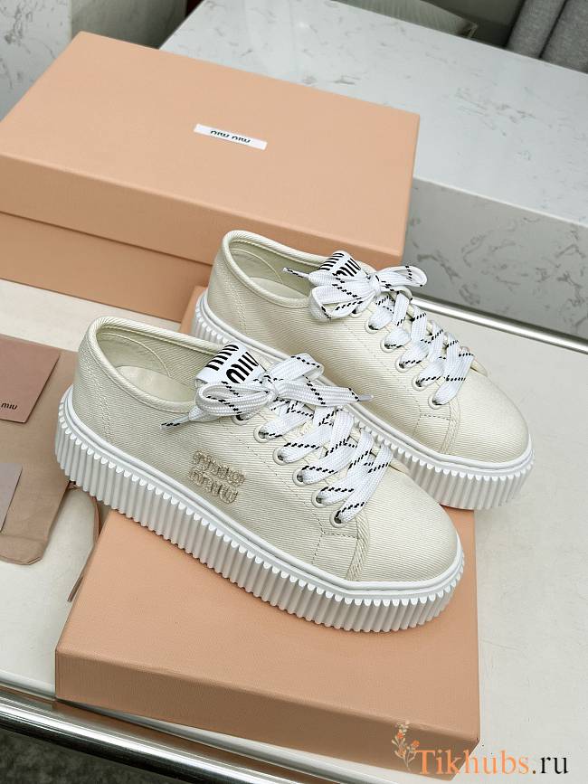 Miu miu Ivory Denim Sneakers With Logo in beige - 1