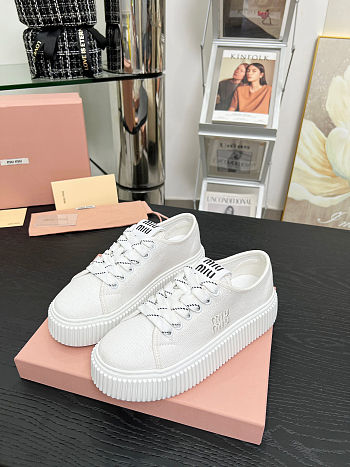 Miu miu Ivory Denim Sneakers With Logo in white