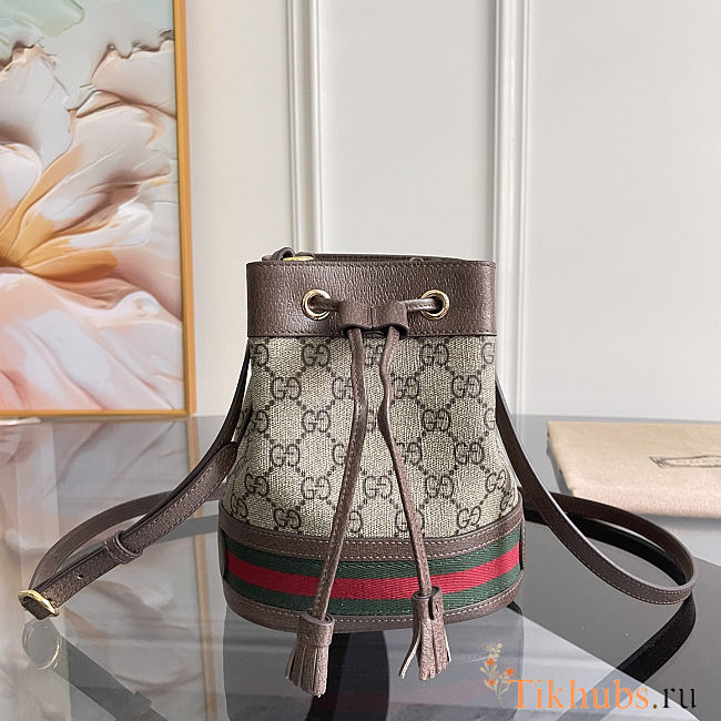 Gucci Ophidia Mini Bucket Bag in beige and brown GG Supreme canvas with brown 18.5x15x9 cm - 1