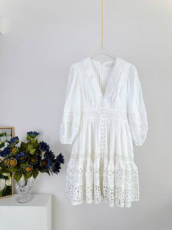 Zimmermann Devi Spliced Billow linen mini dress with crochet trim