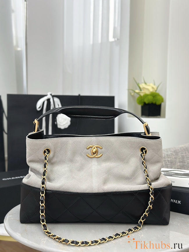 Chanel 25 color block shopping bag in grey suede and black leather24x35x14 cm - 1