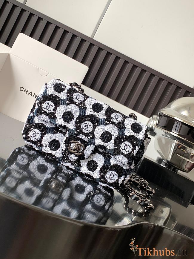 Chanel  Satin Sequin Embellished Flower Mini Rectangular Flap Black White Blue 20x14x7cm - 1