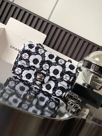 Chanel  Satin Sequin Embellished Flower Mini Rectangular Flap Black White Blue 20x14x7cm