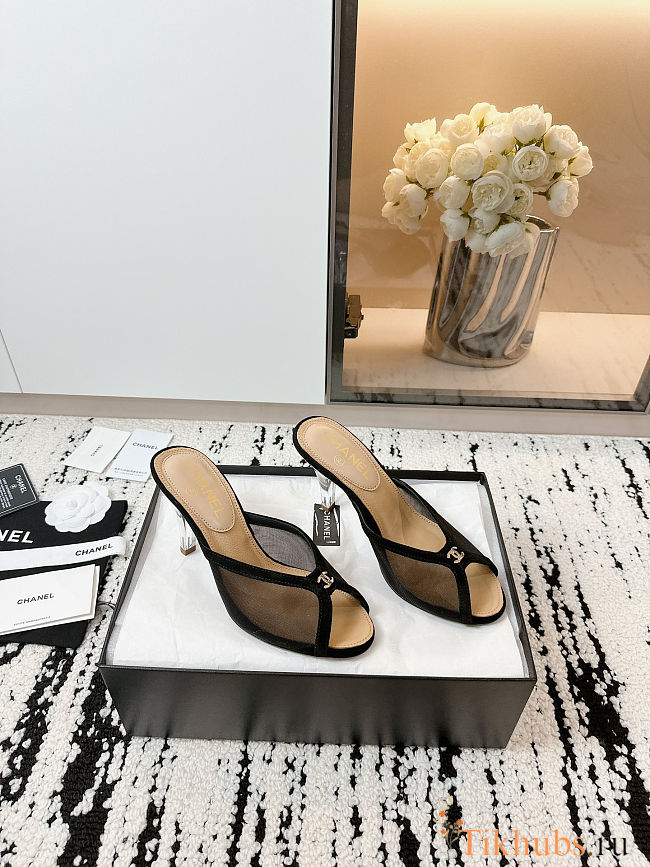Chanel black mesh peep toe CC mules 7cm - 1