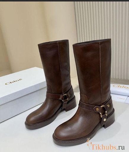 Chloé Dakota brown leather biker boots with gold-tone hardware - 1