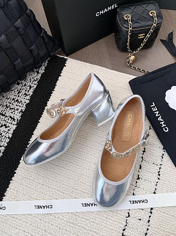 Chanel Mary Jane shoes in a silver metallic finish 