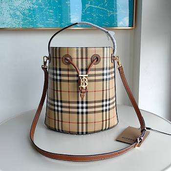 Burberry Small Check Coated Canvas Bucket Bag with a signature TB monogram plaque 16 x 26 x 26cm