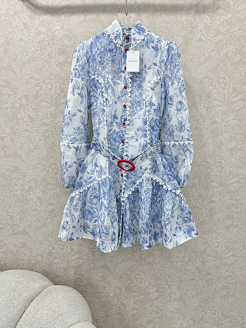 Zimmermann Floral Mini Dress, Mock Neck, Puff Sleeves, Belted Waist 