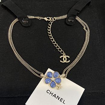 Chanel Blue Camellia Enamel Crystal Necklace with light gold hardware