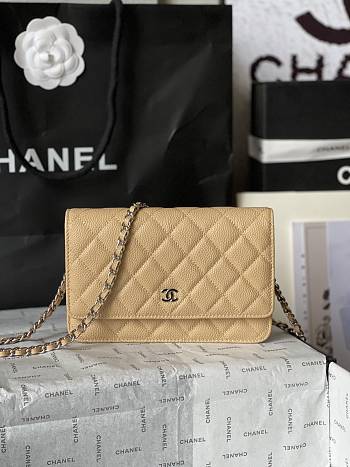 Chanel Classic Quilted Wallet on Chain in beige caviar leather 19x12.5x3cm
