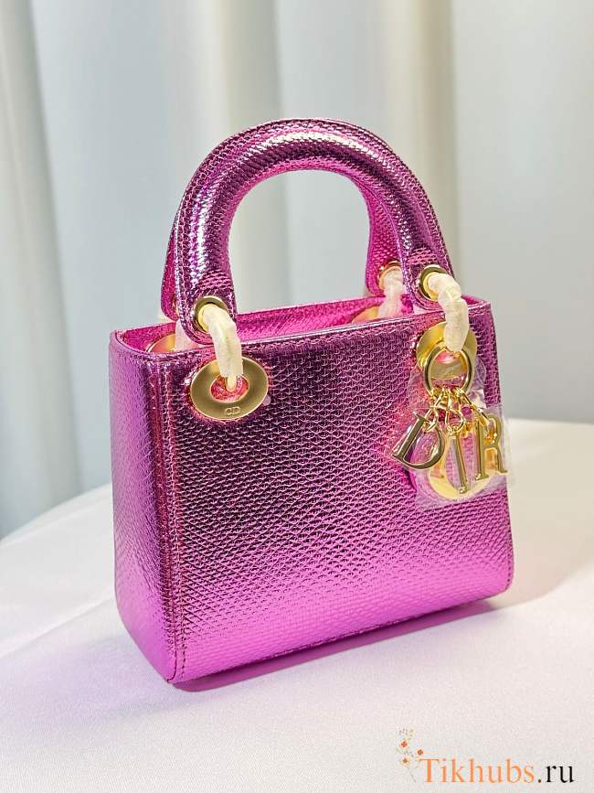 Christian Dior Mini Lady Dior bag in metallic pink Snakeskin leather 17 cm - 1