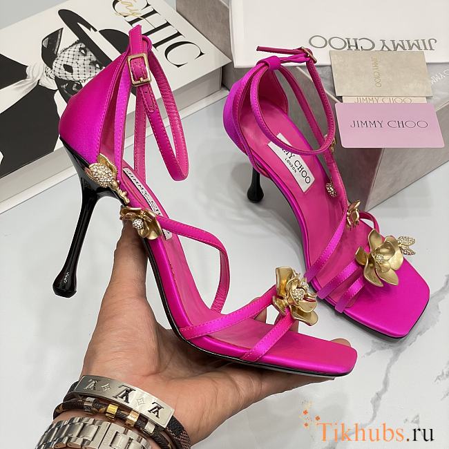 Jimmy Choo Saeda 100mm sandals with metal flower detail in pink - 1
