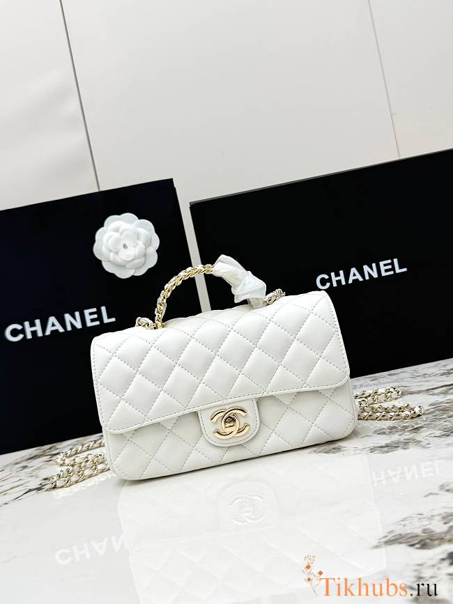 Chanel Mini Classic handbag in white has a handle embellished with rhinestones size 20x7x12 cm - 1