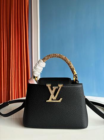 Louis Vuitton Capucines mini handbag in black with crystal-embellished logo 13.6x8x21 cm