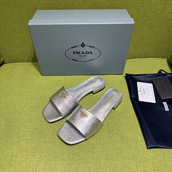 Prada Saffiano Silver Slides