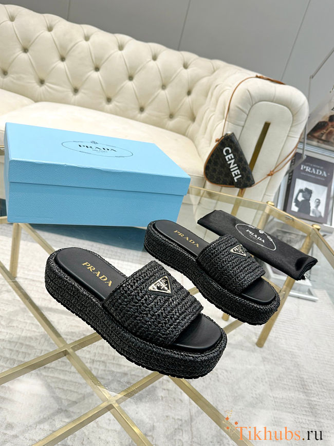 Prada Logo-plaque Crochet Woven Sliders  - 1