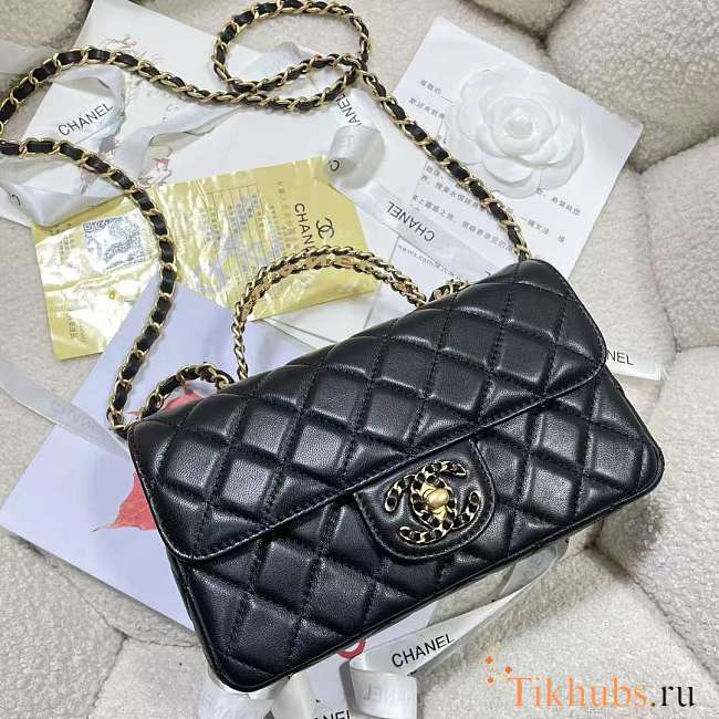 Chanel Mini Rectangular Flap Bag with a Top Handle in black lambskin leather 20cm - 1