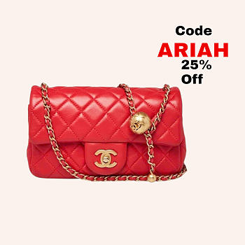 Chanel Mini Flap Bag Lambskin Pearls Gold Red 20x12x6cm