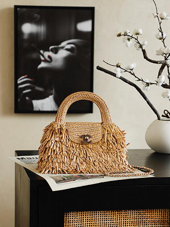 Chanel Fringe Kelly Raffia Wood Bag 13x19x7