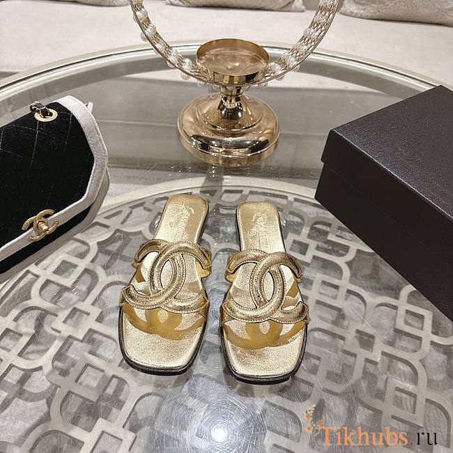 Chanel 26S Golden Gold Cracked Leather XL CC Logo Mules Slides Flat Sandals - 1