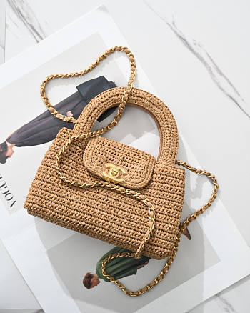 Chanel Braided Raffia & Gold-Tone Metal Dark Beige Bag 13 x 19 x 7cm
