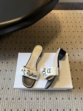 Dior J'Adior Heeled Slide Ivory Embroidered Cotton Black 4cm