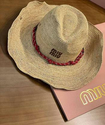 Miu Miu Beige/burgundy Raffia And Leather Hat