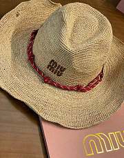 Miu Miu Beige/burgundy Raffia And Leather Hat - 6