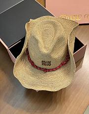 Miu Miu Beige/burgundy Raffia And Leather Hat - 5