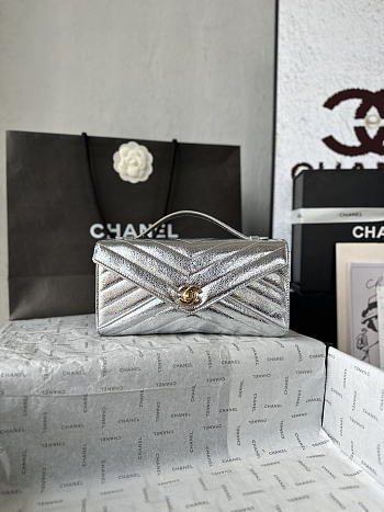 Chanel Chevron Clutch Metallic Silver 10x26x5cm