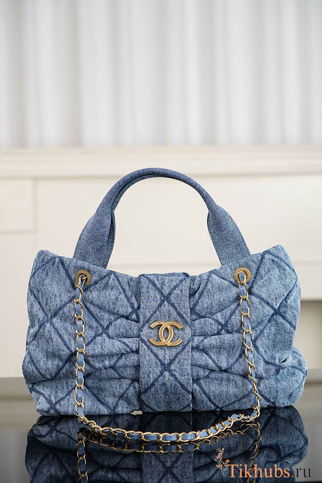 Chanel Washed Denim Quilted Mini Bow Bag Blue 29x38x5cm - 1