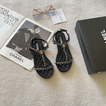 Chanel Quilted Leather & Gold Chain Strappy Flat Sandals