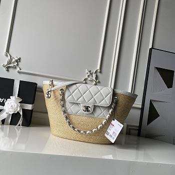 Chanel Large Shopping Tote Bag Beige Raffia and White Lambskin Light Gold Hardware 26×54×18cm