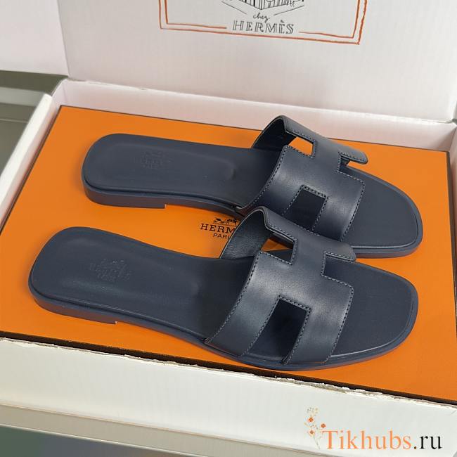 Hermes Oran Women's Flat Navy Blue Slippers - 1