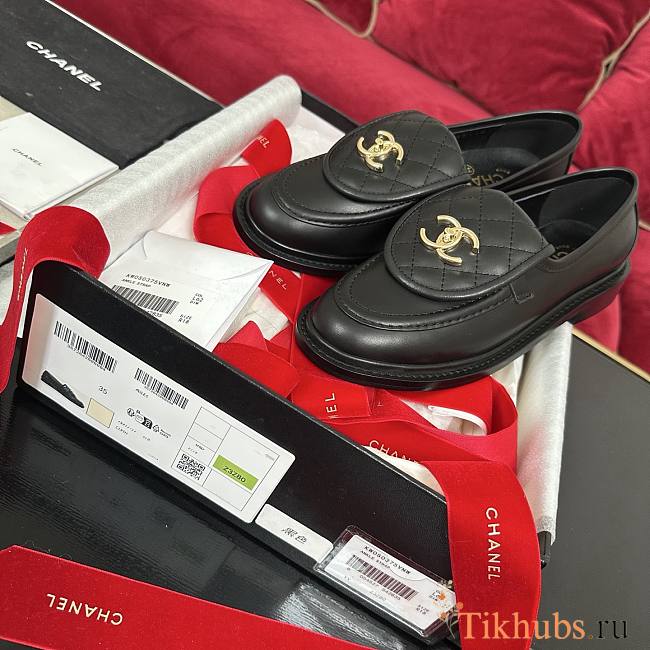 Chanel Lambskin Quilted CC Black Loafers - 1