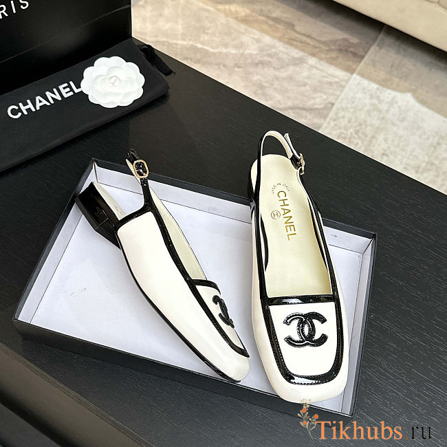 CHANEL 26B White Lambskin & Black Patent Calfskin Square-Toe Slingbacks - 1