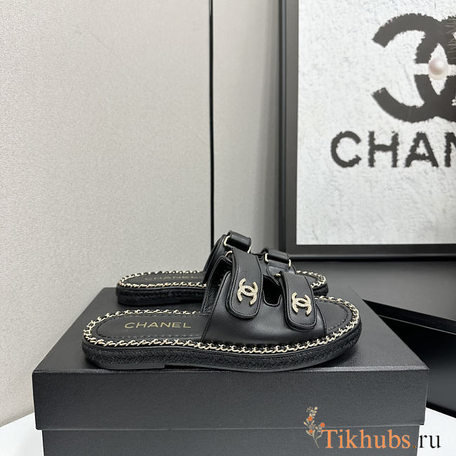 Chanel chain trim double strap slides black - 1