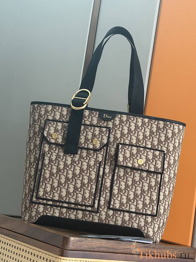 Medium Pocket Dior Jett Tote Bag in Brown Dior Oblique Jacquard 41 x 32 x 14cm - 1