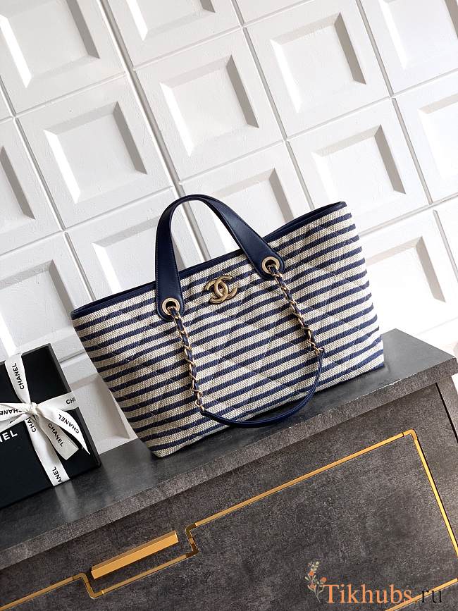 Chanel Large Striped Shopping Tote Blue Navy 46cm - 1